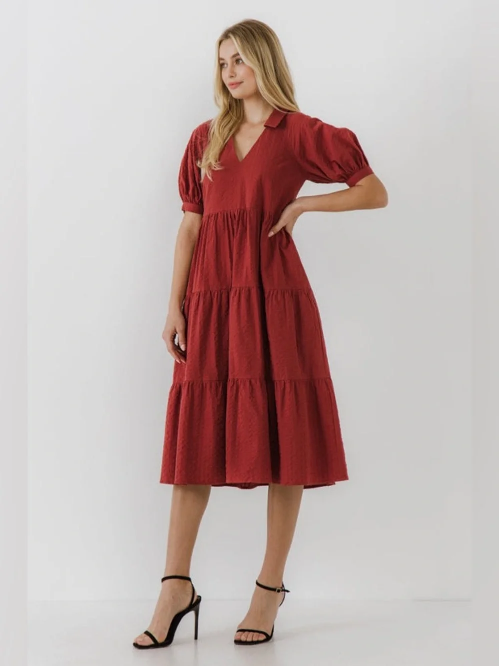 FREE THE ROSES Stripe Texture Tiered Collared Midi Dress in Red - S - Picture 7 of 16